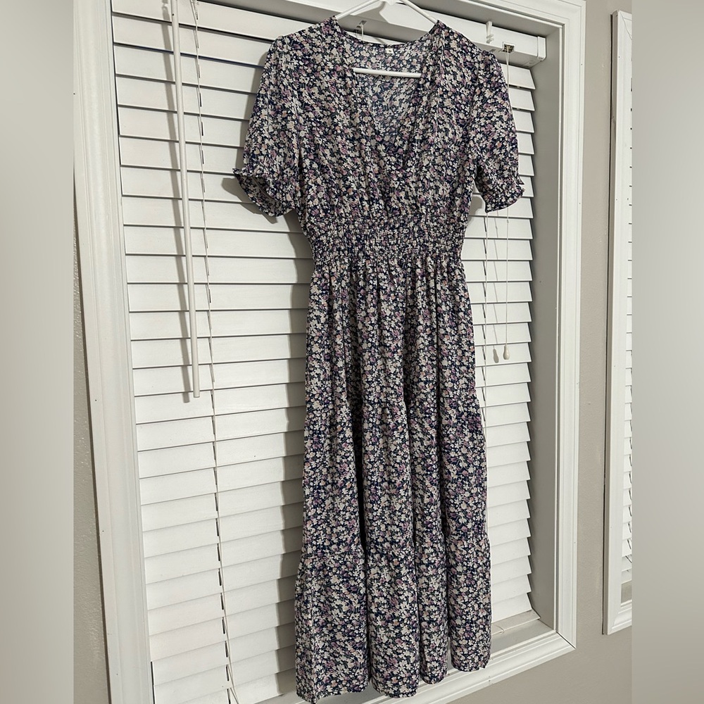 Purple flower dress, barely worn, looser fit, ankle length, small